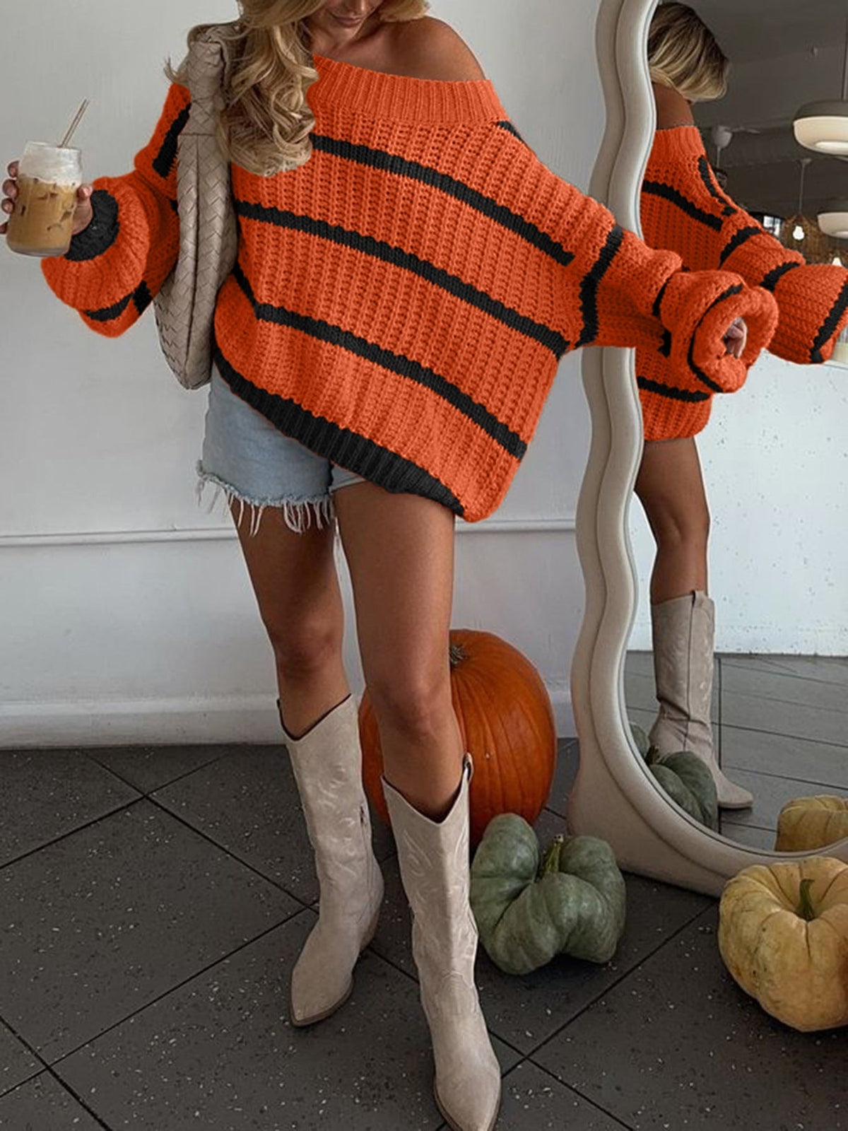 Women's Off-Shoulder Striped Sweater Two-Tone Chunky Knit Balloon-Sleeve Oversized