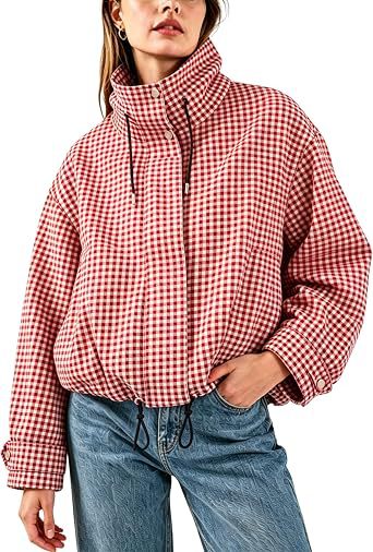 Women's Gingham Check Cropped Jacket Padded Stand Collar Zip-Up Oversized Warm