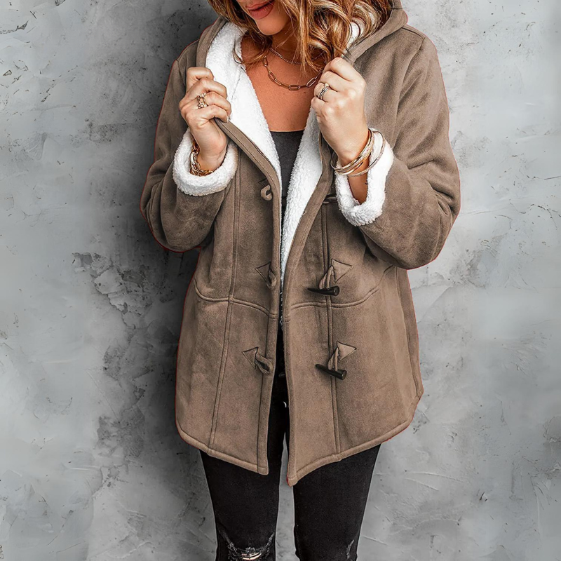 Women's Suede Sherpa-Lined Hooded Duffle Jacket Toggle-Button Warm