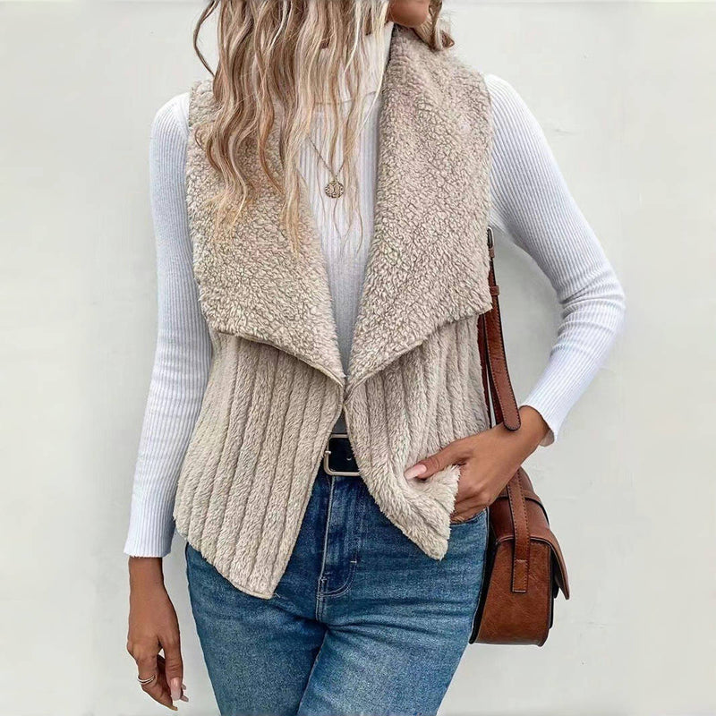 Women's Sherpa Fleece Vest Lapel Collar Sleeveless Open-Front Ribbed Cozy