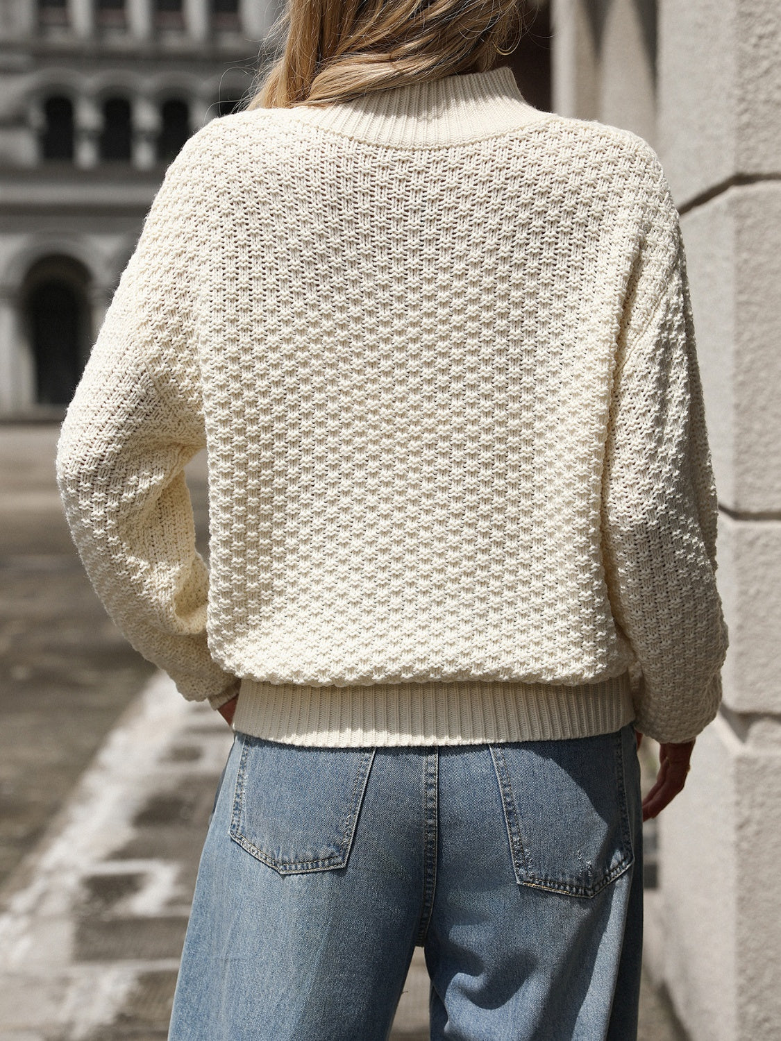 Women's Mock Neck Knit Sweater Basketweave Drop-Shoulder Relaxed Pullover