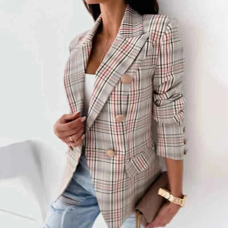 Women's Plaid Check Blazer Double-Breasted Notch Lapel Gold-Button Fitted Tailored