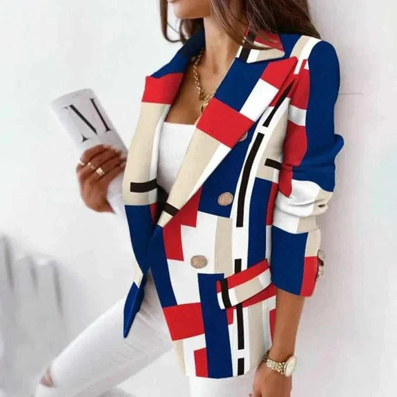 Women's Plaid Check Blazer Double-Breasted Notch Lapel Gold-Button Fitted Tailored