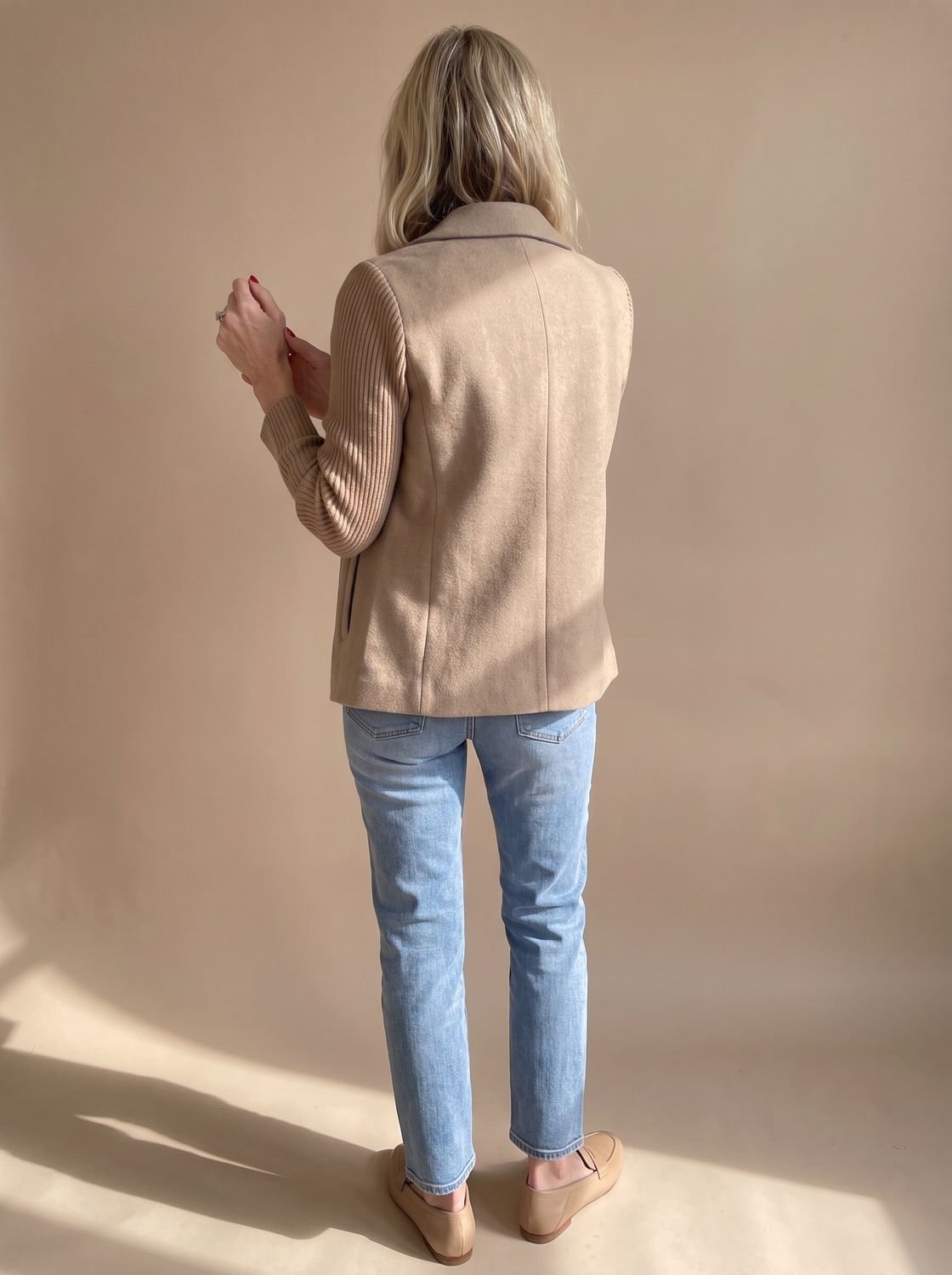 Women's Wool Blend Blazer Knit Sleeve Double-Breasted Notch Lapel Tailored