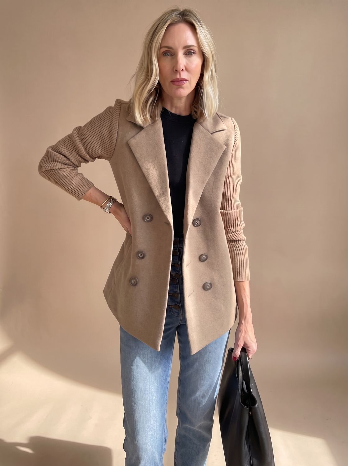 Women's Wool Blend Blazer Knit Sleeve Double-Breasted Notch Lapel Tailored