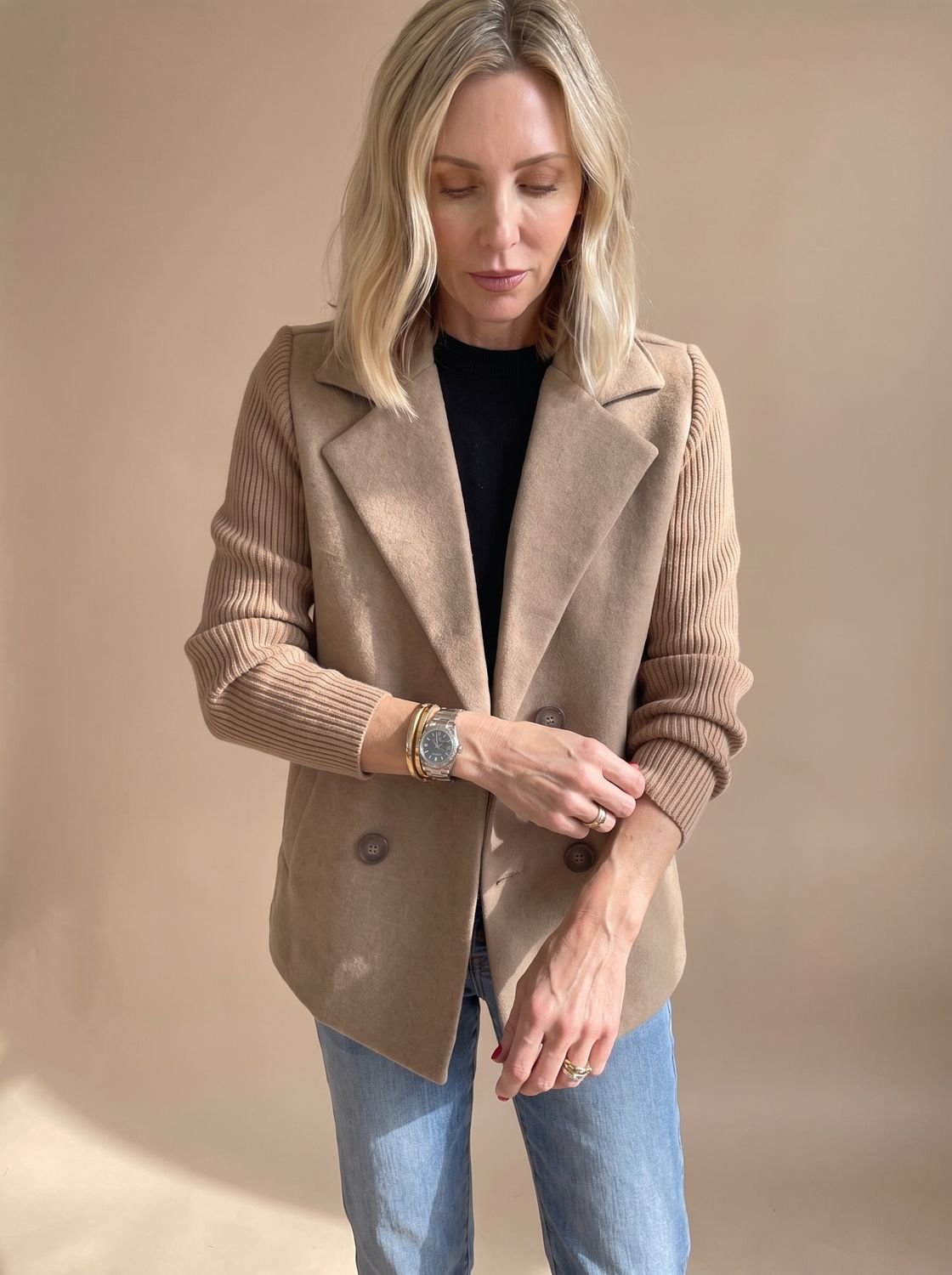 Women's Wool Blend Blazer Knit Sleeve Double-Breasted Notch Lapel Tailored