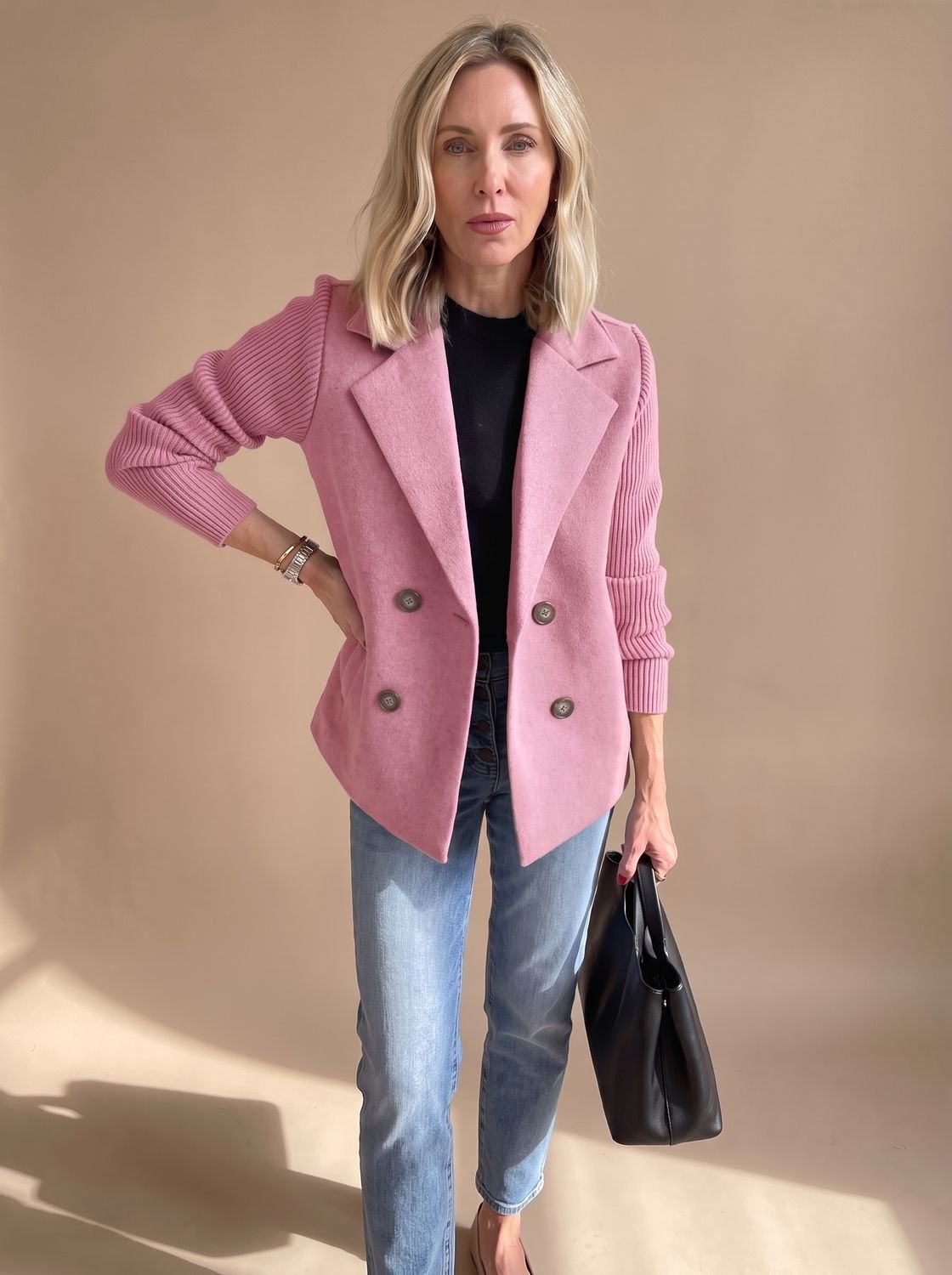 Women's Wool Blend Blazer Knit Sleeve Double-Breasted Notch Lapel Tailored
