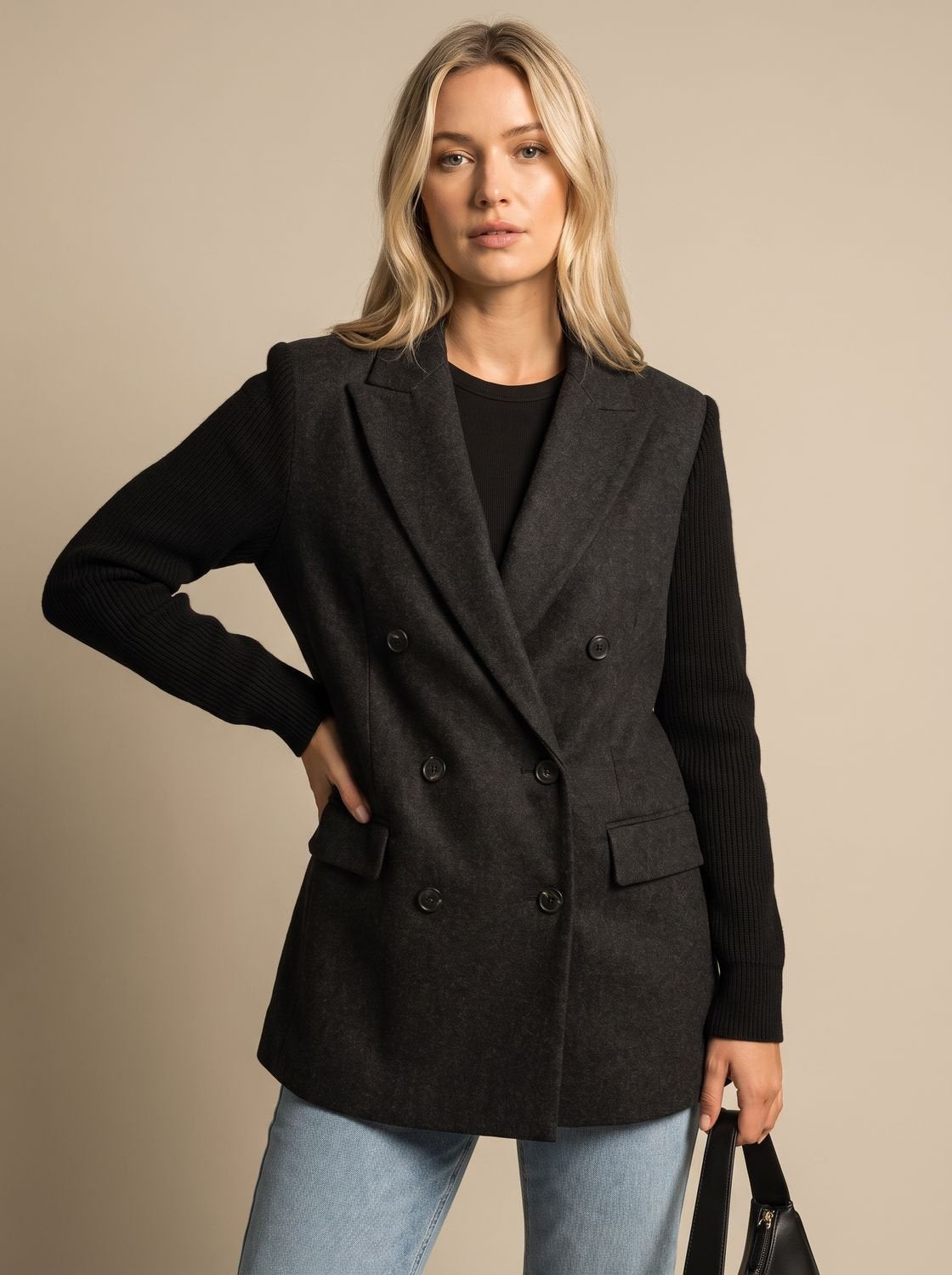 Women's Wool Blend Blazer Knit Sleeve Double-Breasted Notch Lapel Tailored