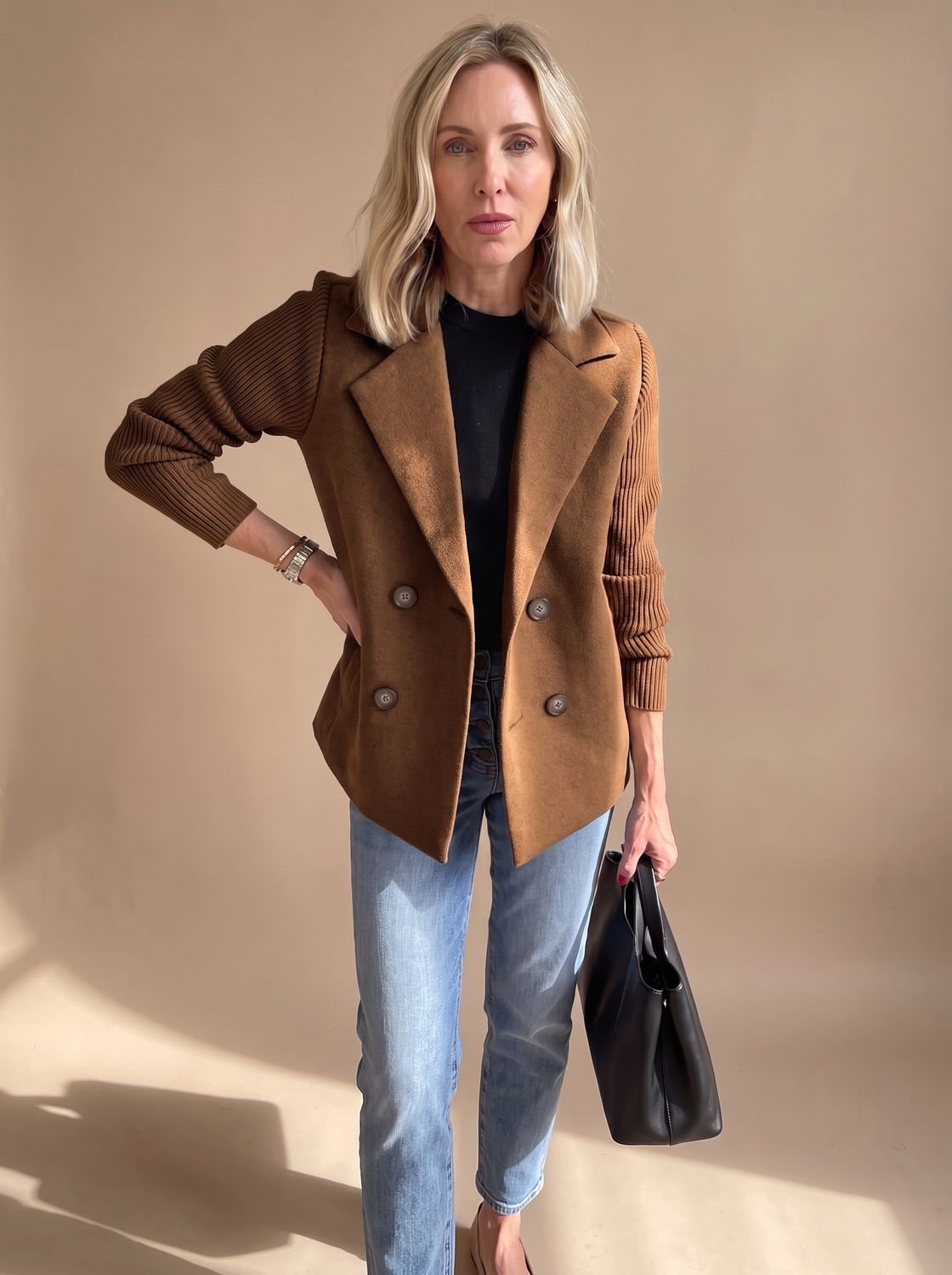 Women's Wool Blend Blazer Knit Sleeve Double-Breasted Notch Lapel Tailored