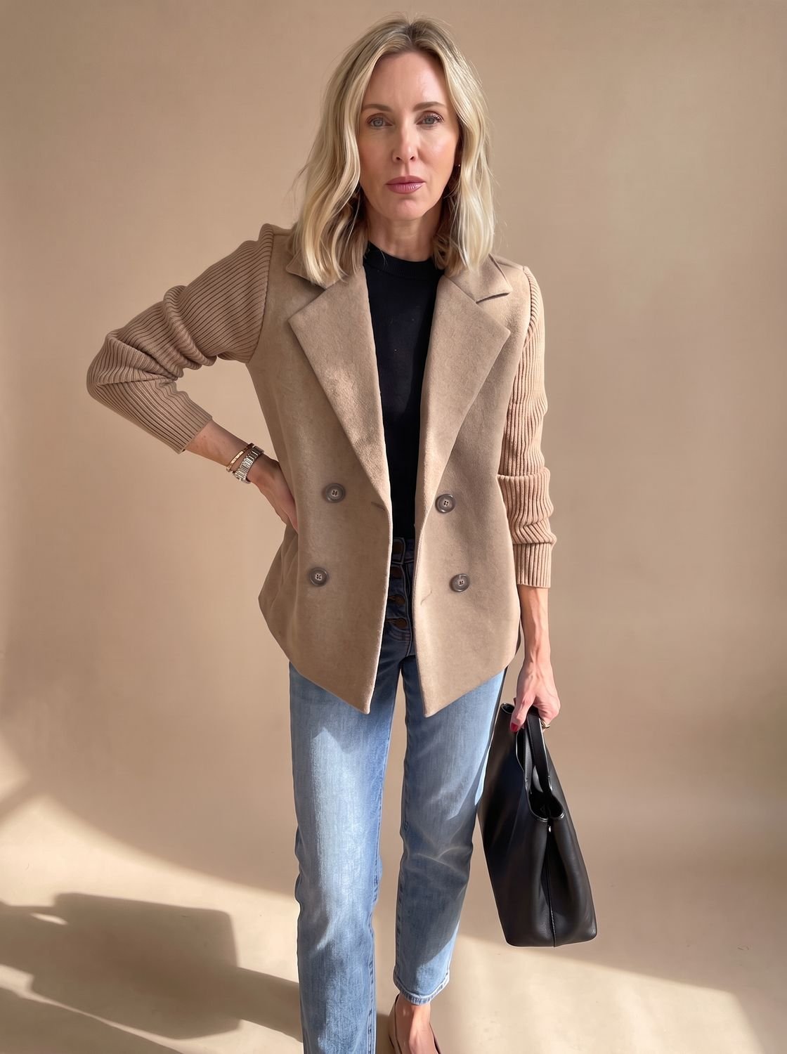 Women's Wool Blend Blazer Knit Sleeve Double-Breasted Notch Lapel Tailored