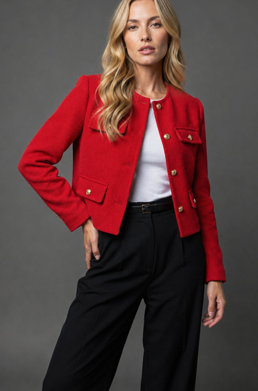 Women's Cropped Tweed Blazer Collarless Gold-Button Flap-Pocket Fitted Tailored