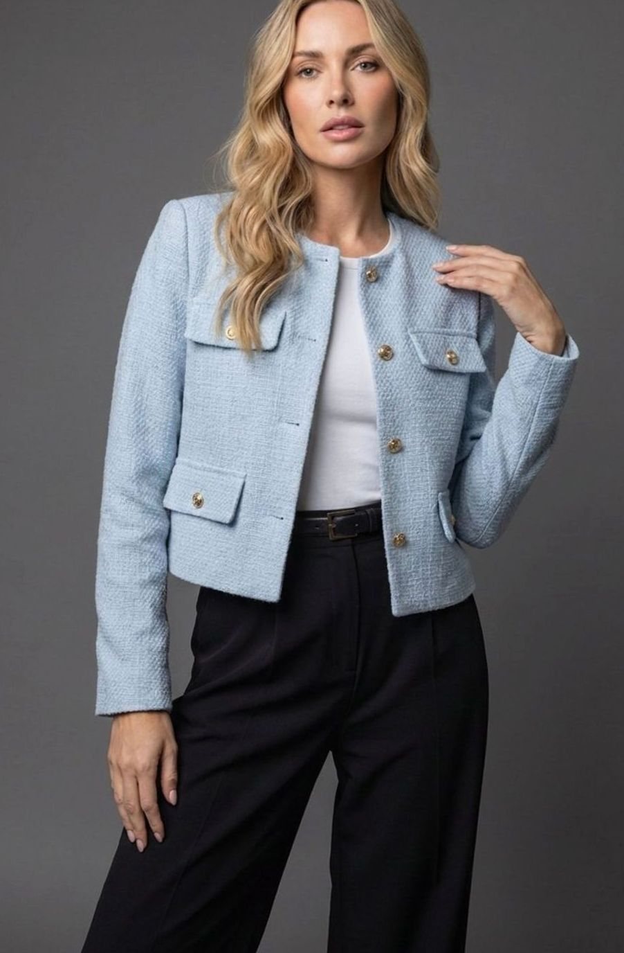 Women's Cropped Tweed Blazer Collarless Gold-Button Flap-Pocket Fitted Tailored