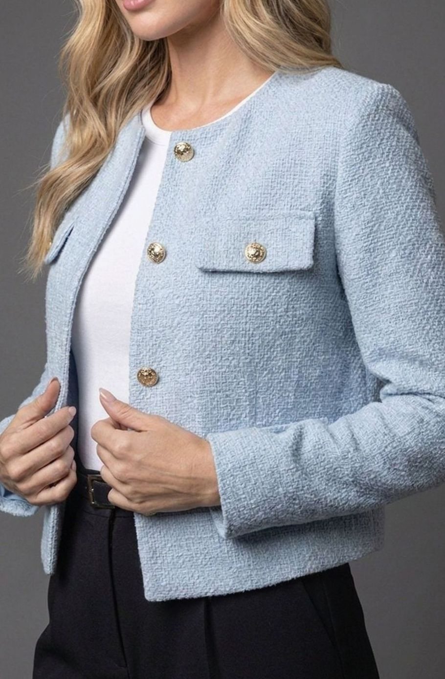 Women's Cropped Tweed Blazer Collarless Gold-Button Flap-Pocket Fitted Tailored