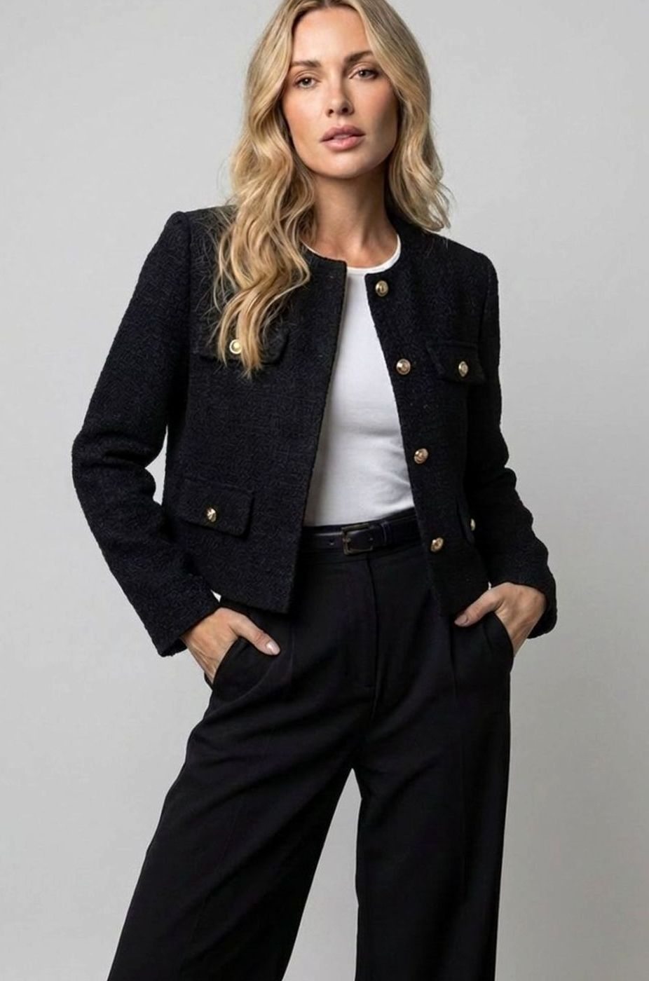 Women's Cropped Tweed Blazer Collarless Gold-Button Flap-Pocket Fitted Tailored