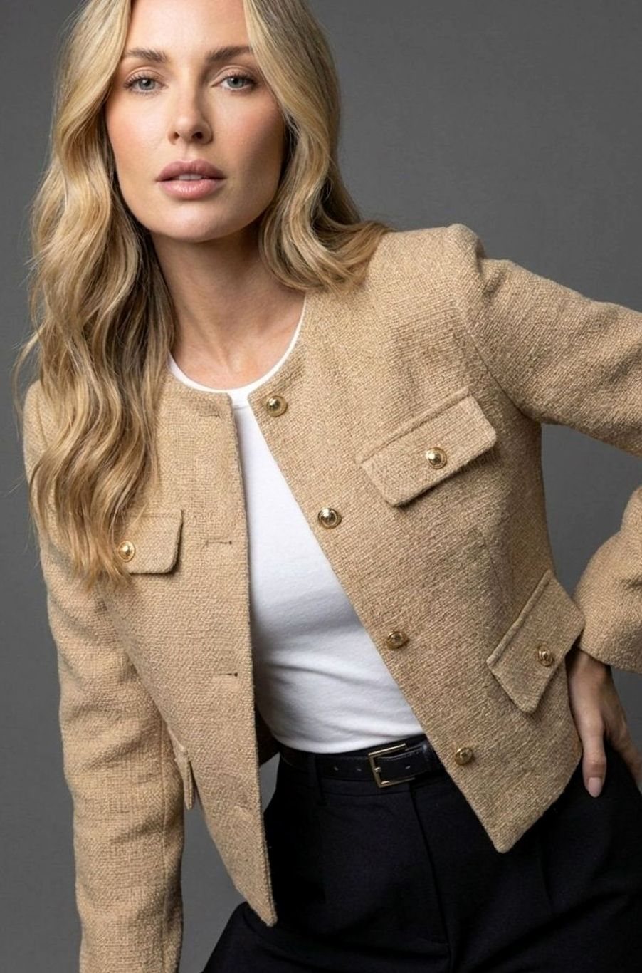 Women's Cropped Tweed Blazer Collarless Gold-Button Flap-Pocket Fitted Tailored