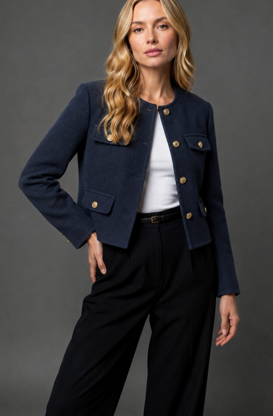 Women's Cropped Tweed Blazer Collarless Gold-Button Flap-Pocket Fitted Tailored