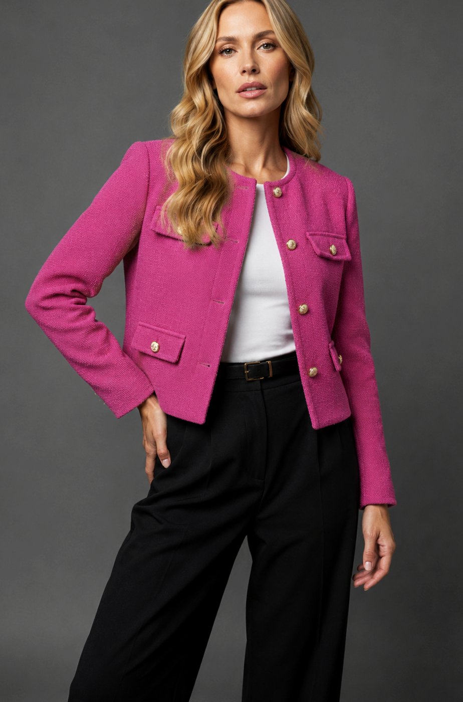 Women's Cropped Tweed Blazer Collarless Gold-Button Flap-Pocket Fitted Tailored