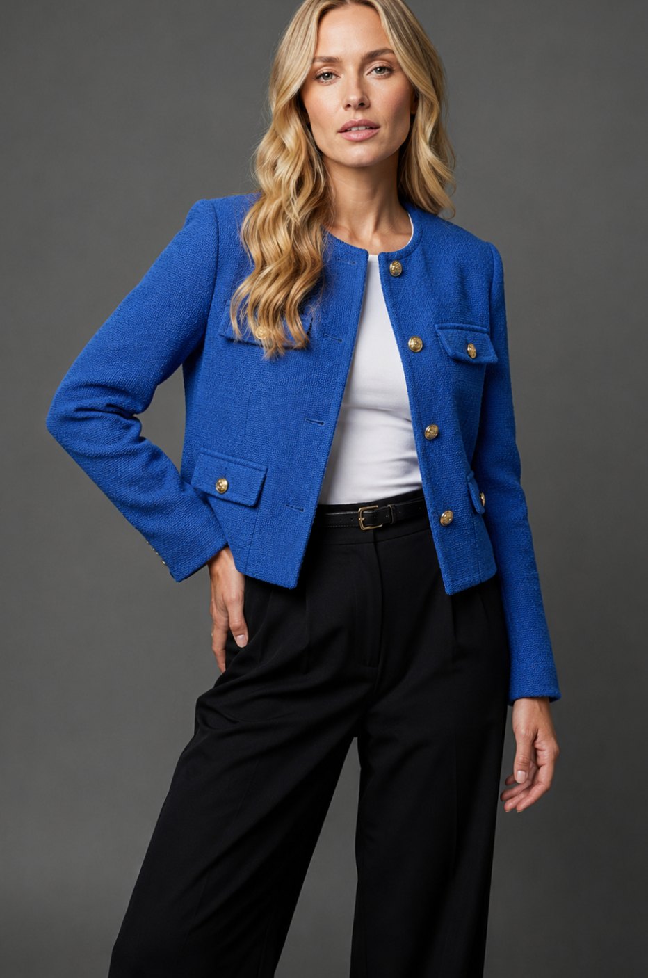 Women's Cropped Tweed Blazer Collarless Gold-Button Flap-Pocket Fitted Tailored