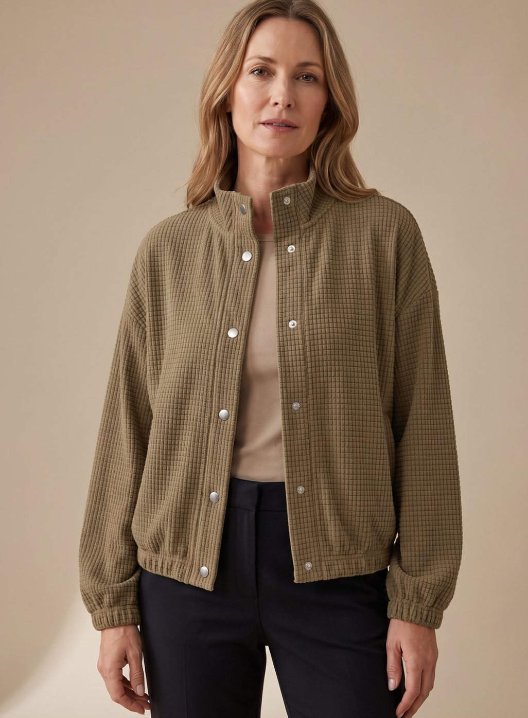 Women's Waffle Knit Bomber Jacket Stand Collar Snap-Front Relaxed Cozy