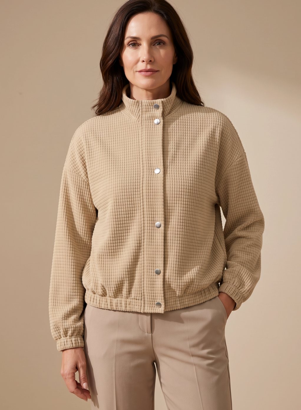 Women's Waffle Knit Bomber Jacket Stand Collar Snap-Front Relaxed Cozy