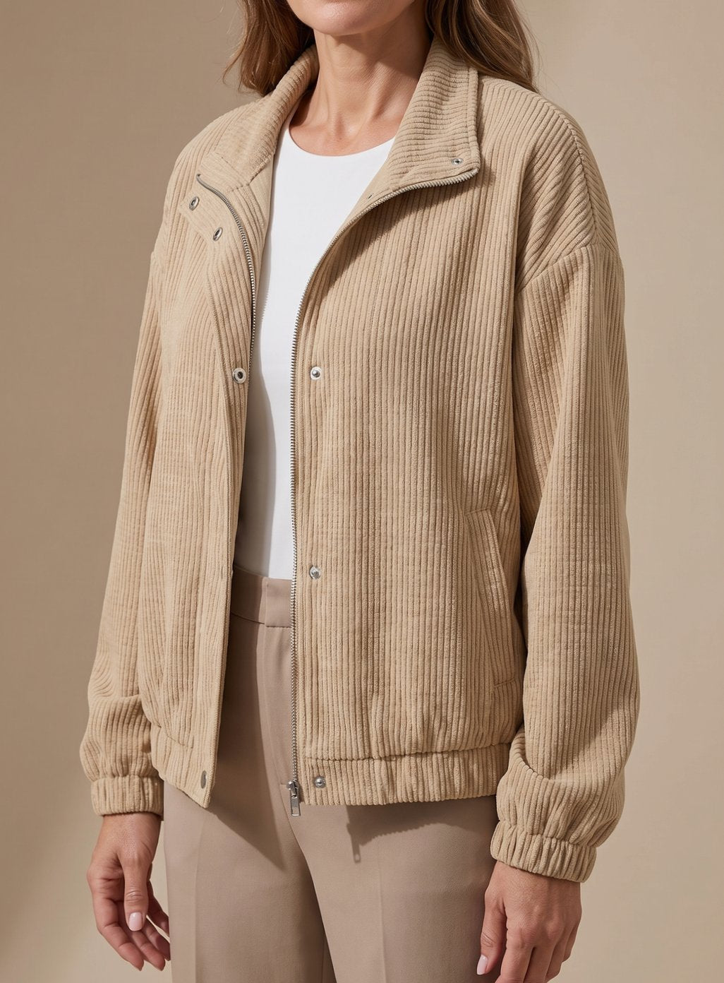 Women's Waffle Knit Bomber Jacket Stand Collar Snap-Front Relaxed Cozy