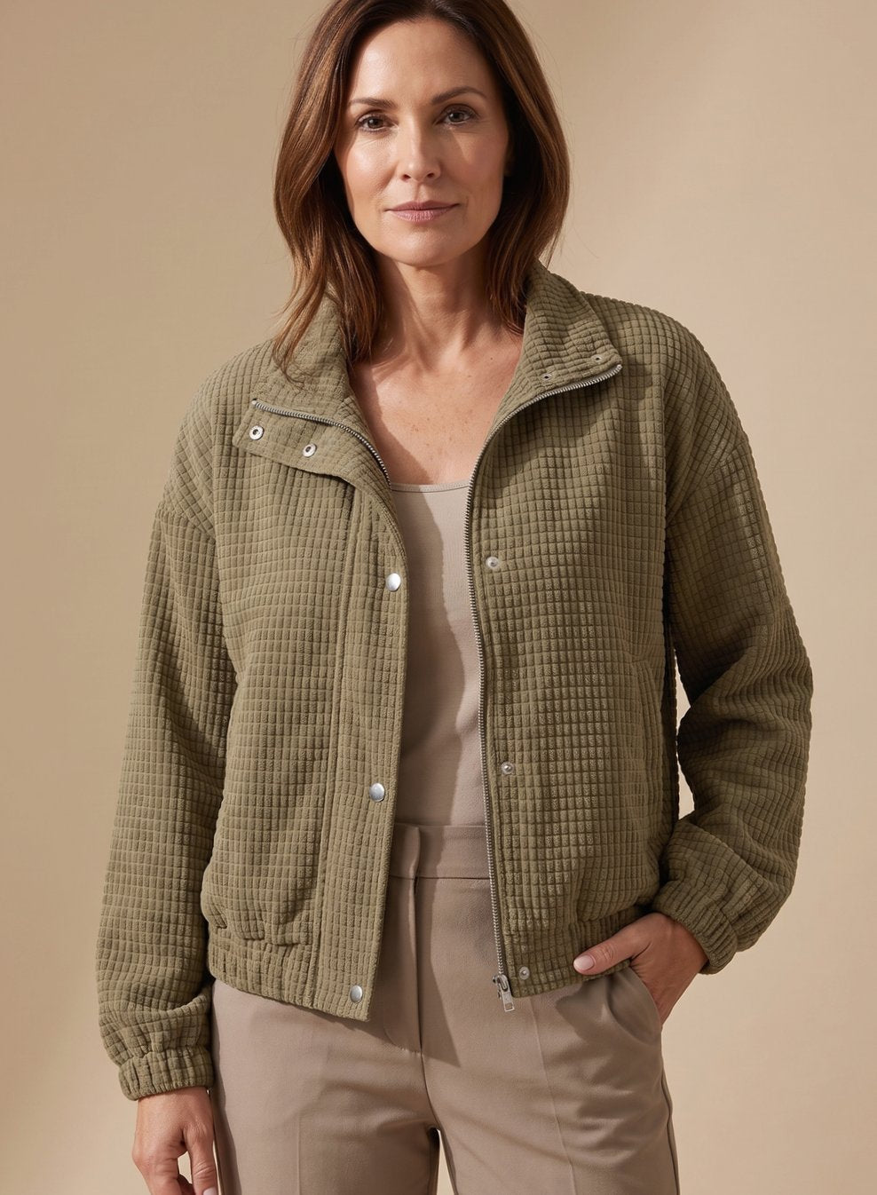 Women's Waffle Knit Bomber Jacket Stand Collar Snap-Front Relaxed Cozy