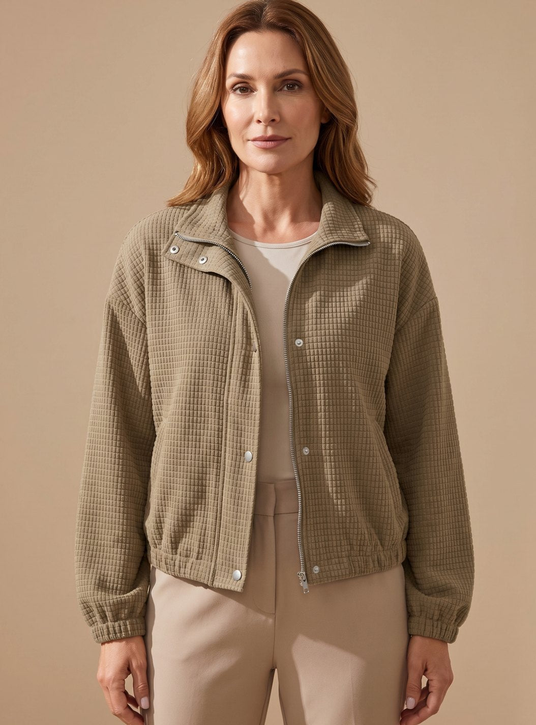 Women's Waffle Knit Bomber Jacket Stand Collar Snap-Front Relaxed Cozy