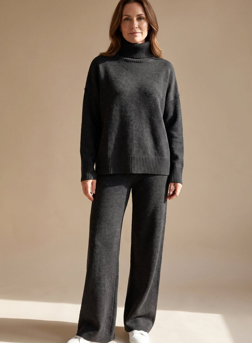 Women's Roll Neck Knit Lounge Set Turtleneck Wide-Leg Two-Piece Oversized