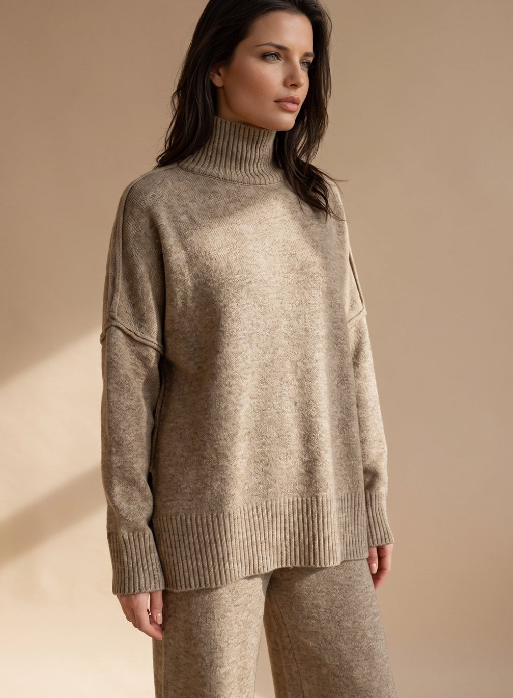 Women's Roll Neck Knit Lounge Set Turtleneck Wide-Leg Two-Piece Oversized