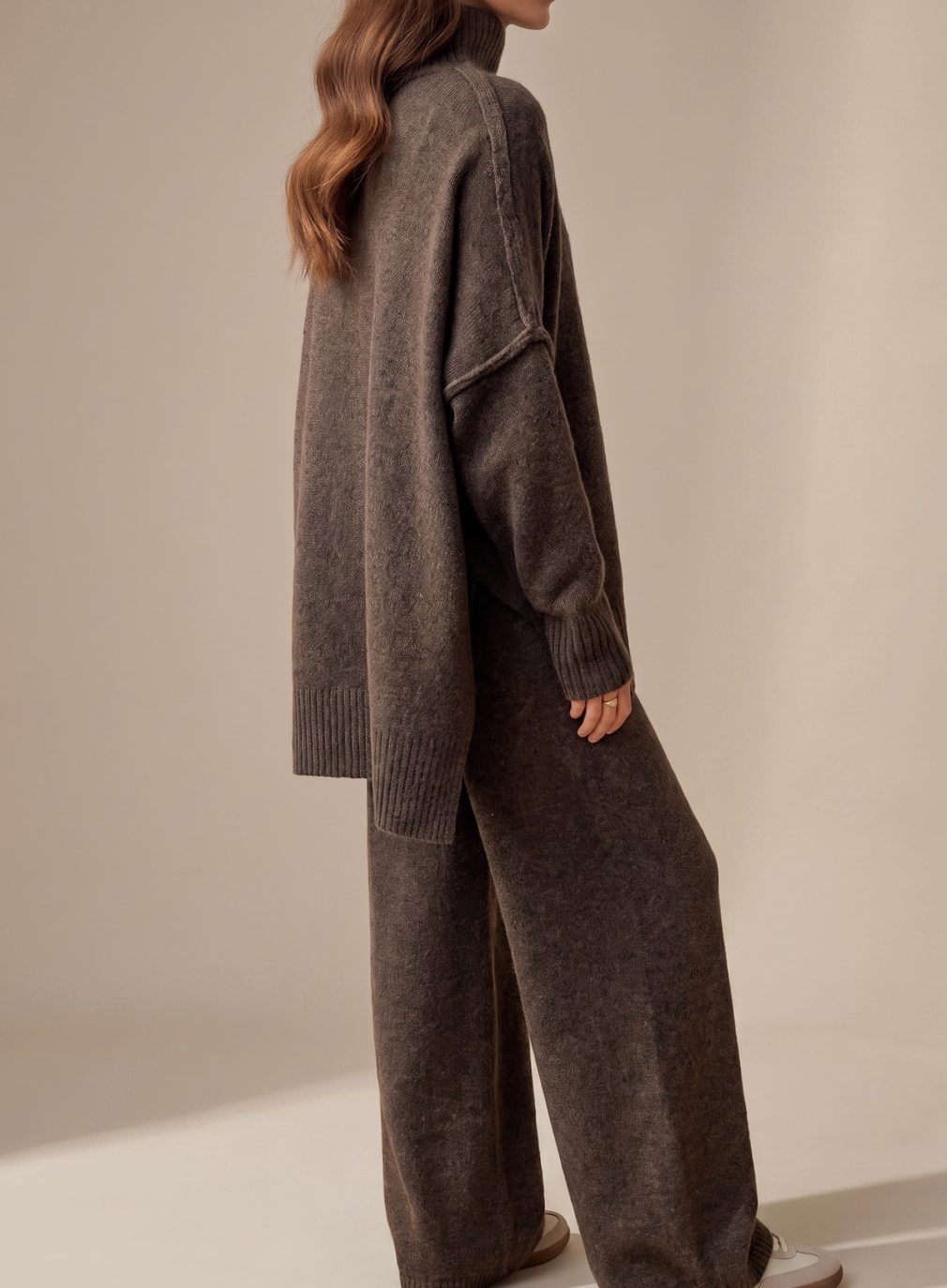 Women's Roll Neck Knit Lounge Set Turtleneck Wide-Leg Two-Piece Oversized