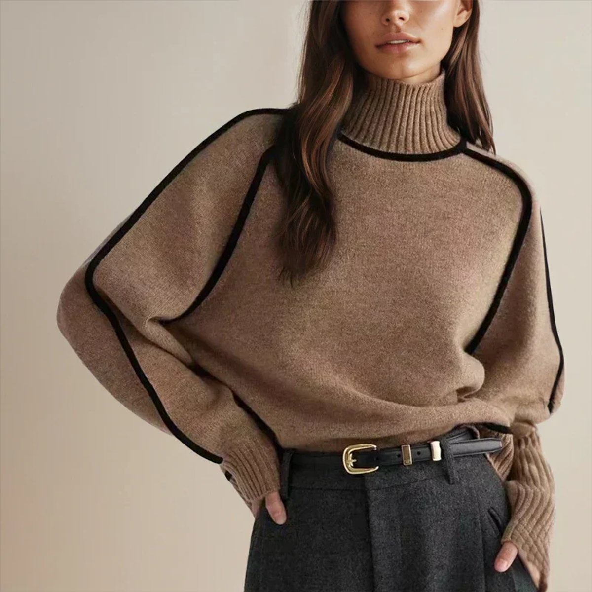 Women's Oversized Turtleneck Sweater Contrast Piping Drop-Shoulder Relaxed Pullover
