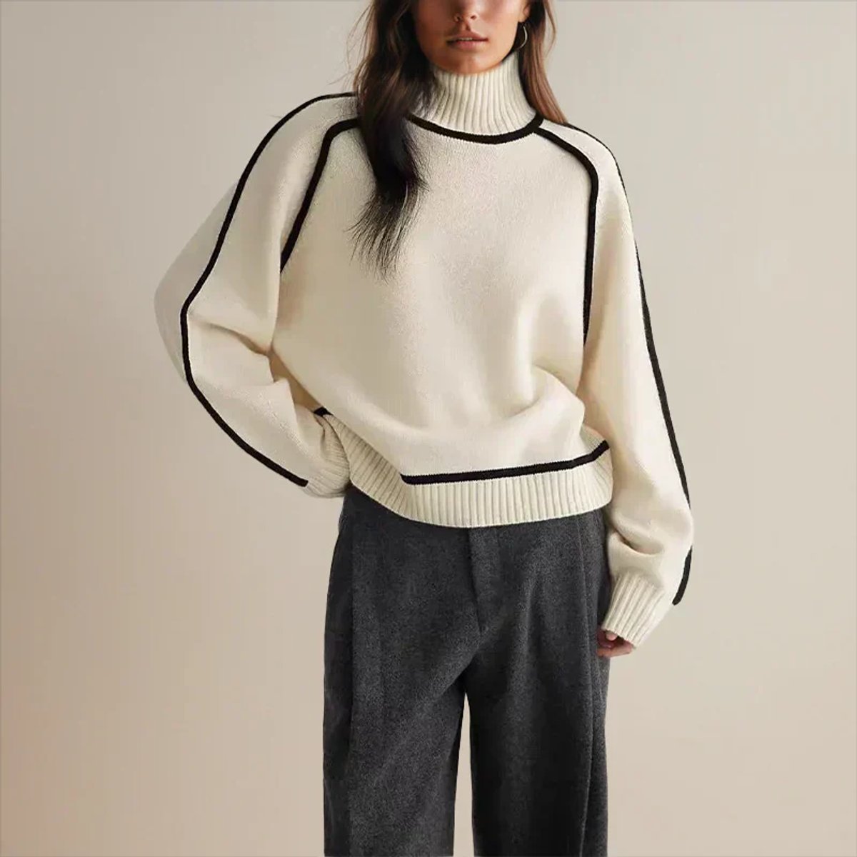 Women's Oversized Turtleneck Sweater Contrast Piping Drop-Shoulder Relaxed Pullover