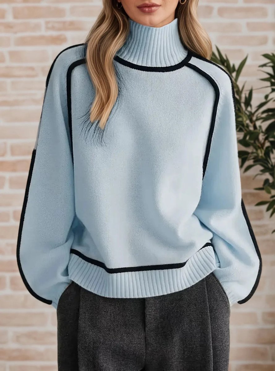 Women's Oversized Turtleneck Sweater Contrast Piping Drop-Shoulder Relaxed Pullover