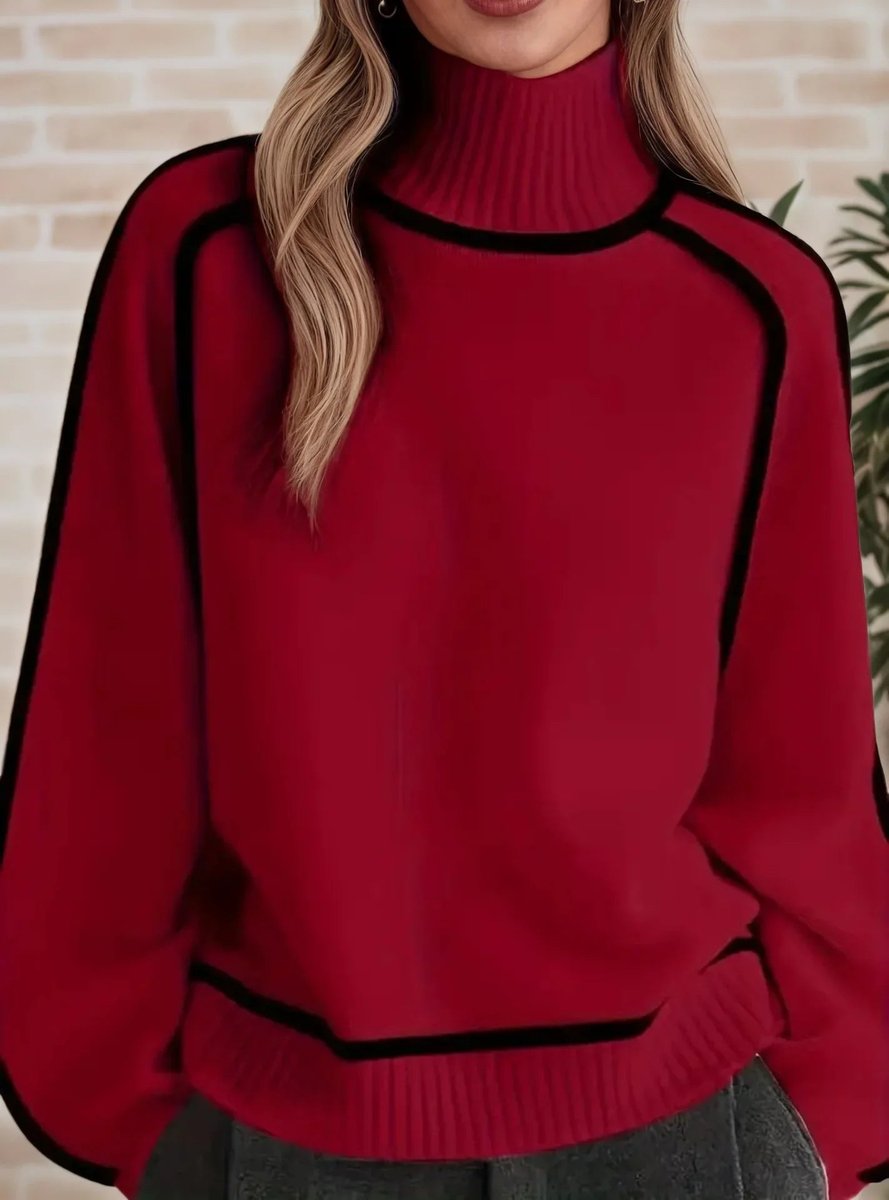 Women's Oversized Turtleneck Sweater Contrast Piping Drop-Shoulder Relaxed Pullover