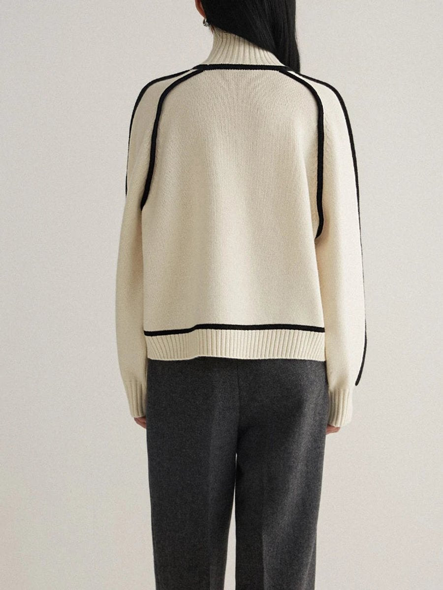 Women's Oversized Turtleneck Sweater Contrast Piping Drop-Shoulder Relaxed Pullover