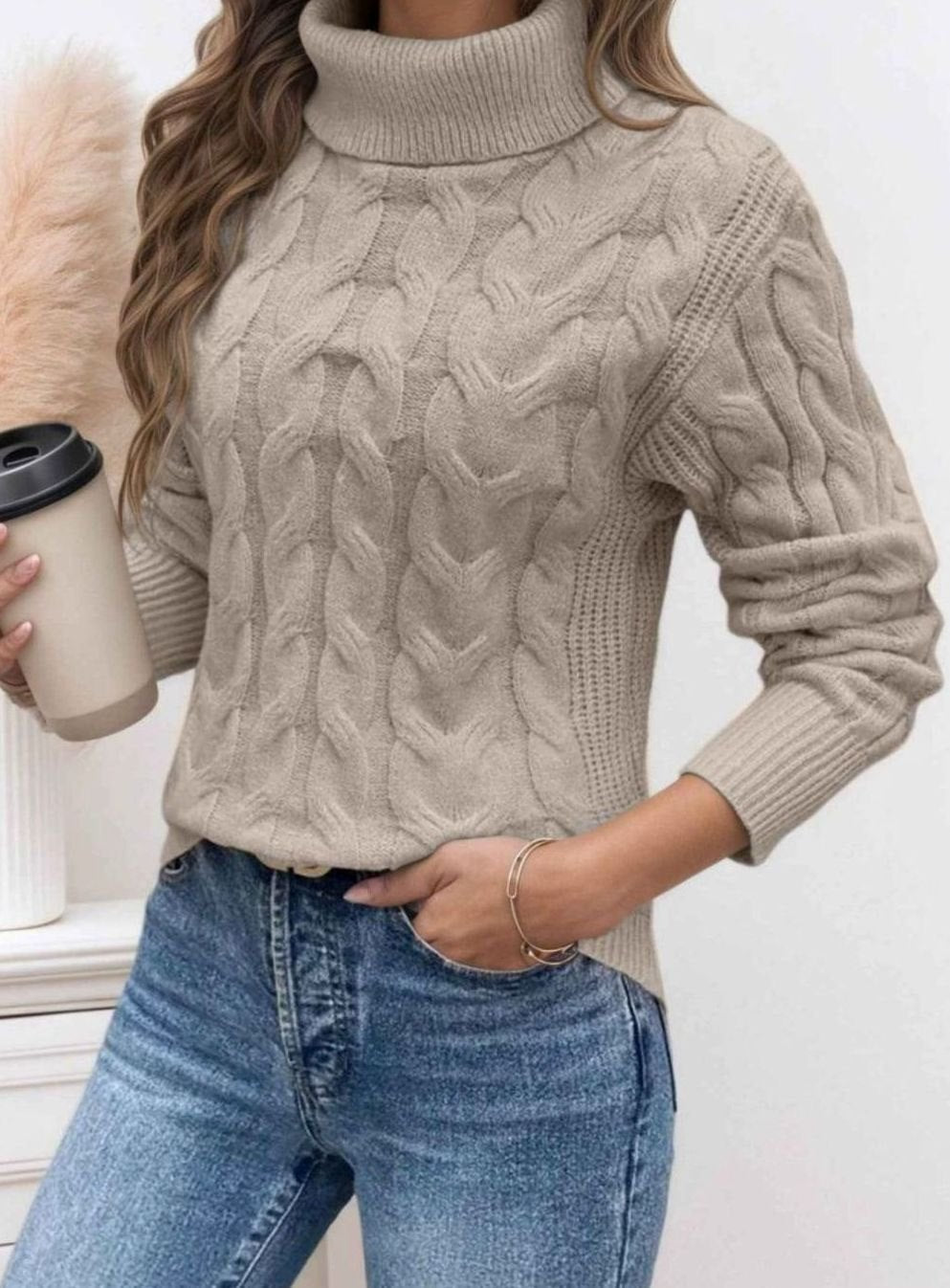 Women's Cable Knit Turtleneck Sweater Textured Long-Sleeve Fitted Relaxed Pullover