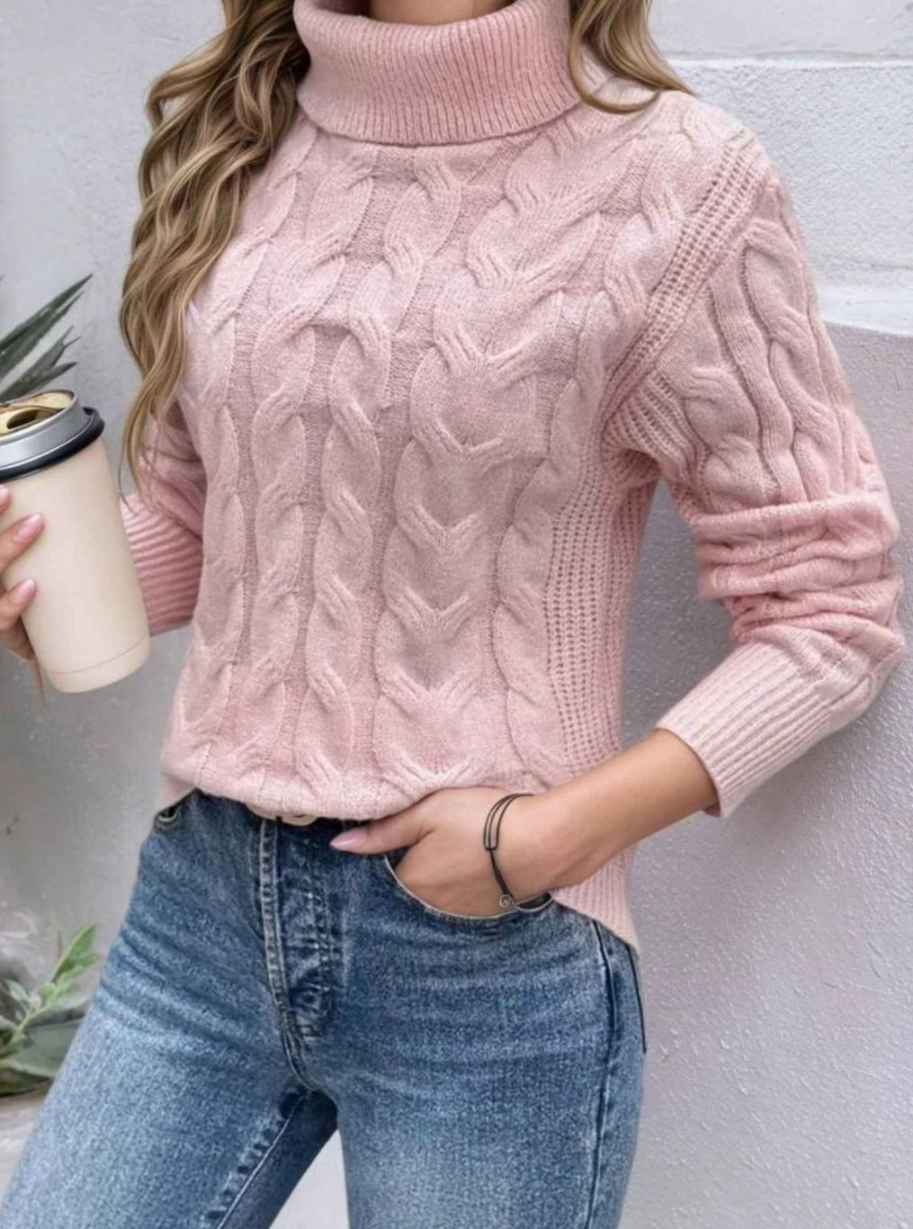 Women's Cable Knit Turtleneck Sweater Textured Long-Sleeve Fitted Relaxed Pullover