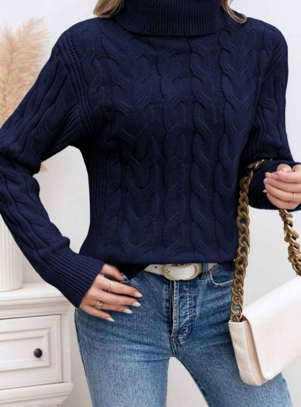 Women's Cable Knit Turtleneck Sweater Textured Long-Sleeve Fitted Relaxed Pullover