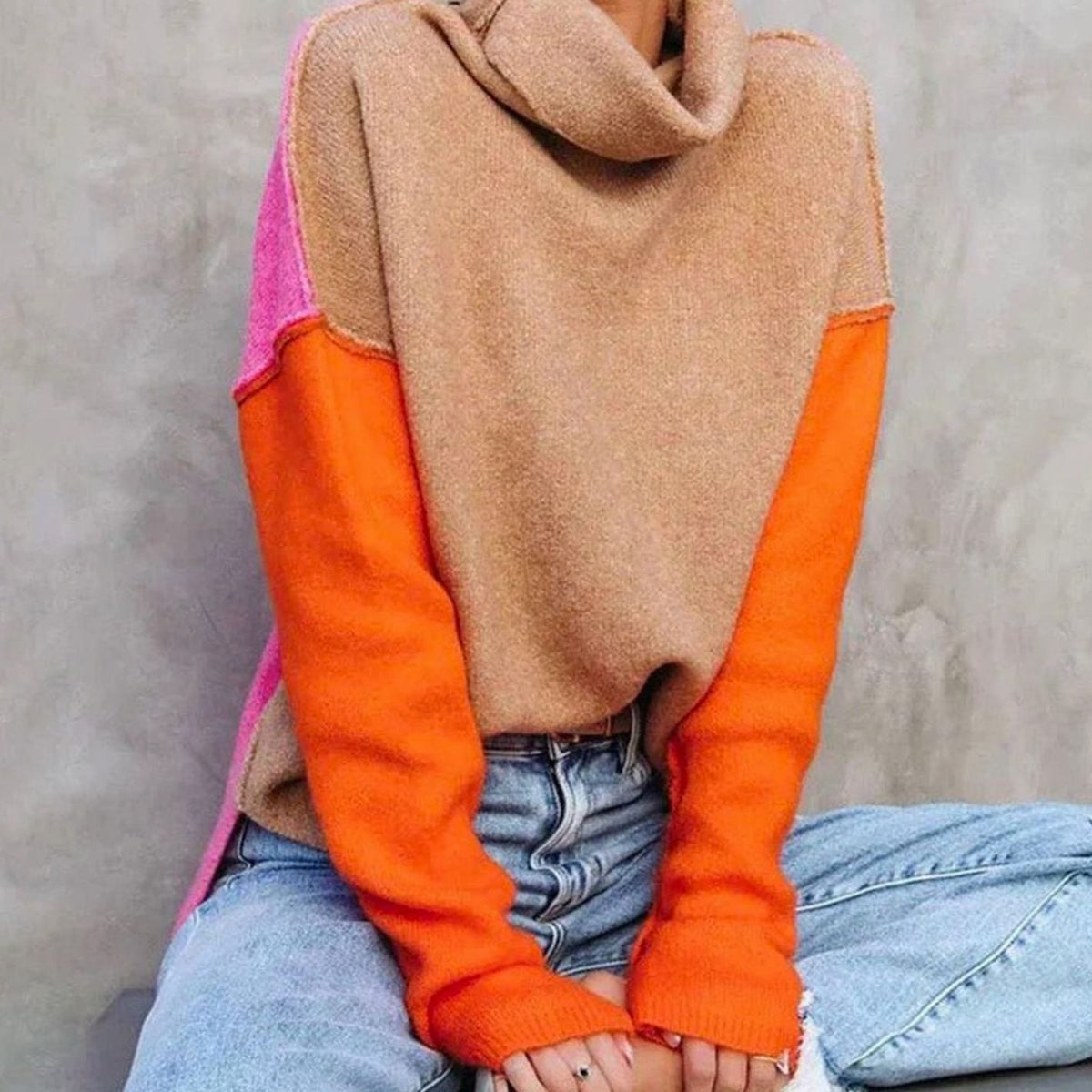 Women's Colorblock Turtleneck Sweater Oversized Drop-Shoulder Relaxed Chunky Pullover