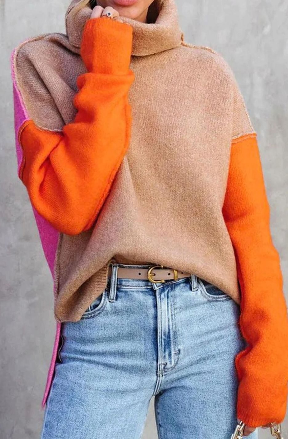 Women's Colorblock Turtleneck Sweater Oversized Drop-Shoulder Relaxed Chunky Pullover