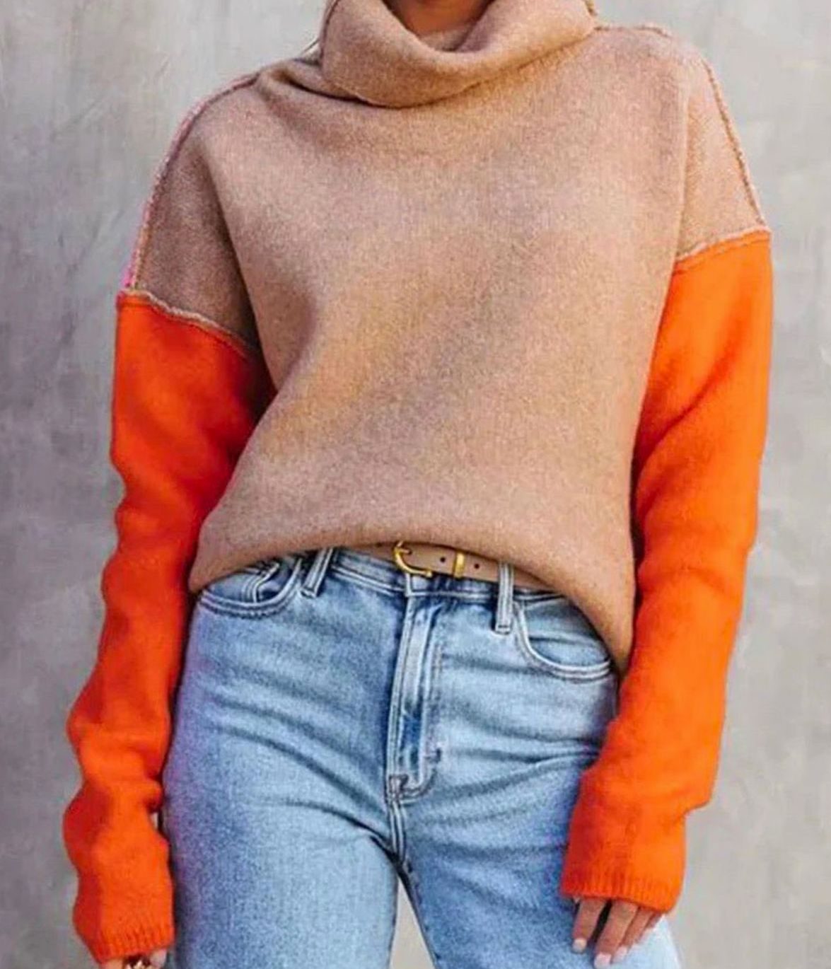 Women's Colorblock Turtleneck Sweater Oversized Drop-Shoulder Relaxed Chunky Pullover