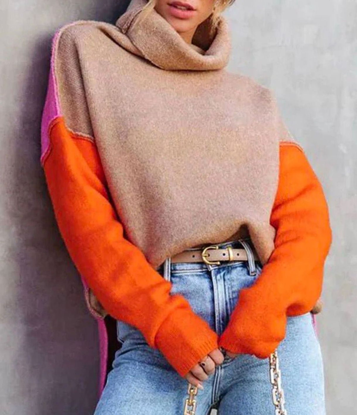 Women's Colorblock Turtleneck Sweater Oversized Drop-Shoulder Relaxed Chunky Pullover