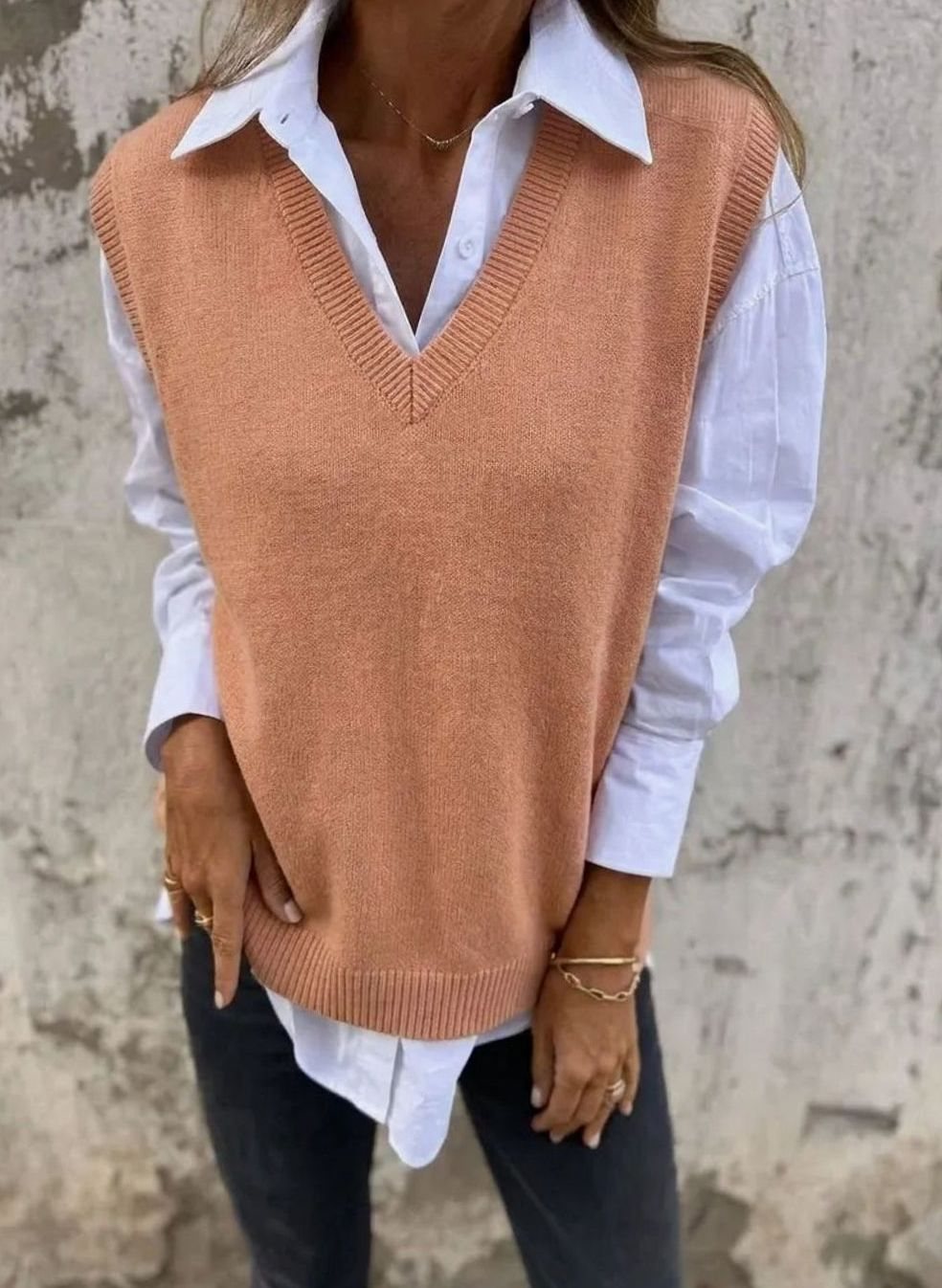 Women's Knit Sweater Vest V-Neck Sleeveless Oversized Ribbed Relaxed Pullover
