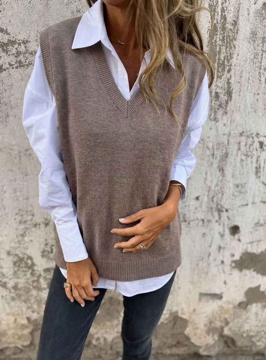 Women's Knit Sweater Vest V-Neck Sleeveless Oversized Ribbed Relaxed Pullover