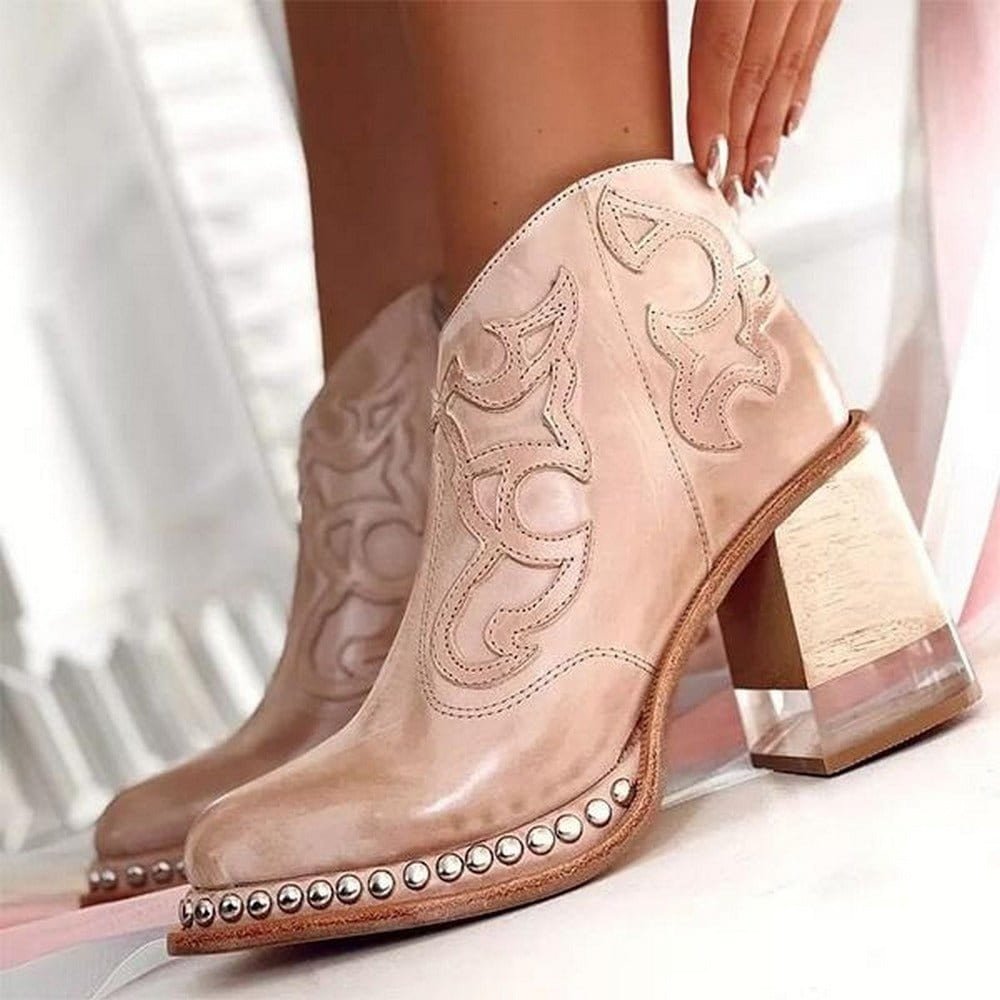 Women's Faux Leather Western Ankle Boots Embroidered Studded Block Heel
