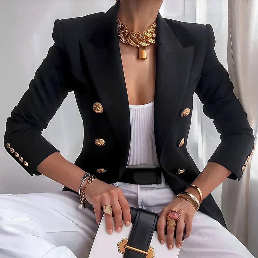 Women's Double-Breasted Blazer Peak Lapel Gold-Button Structured Fitted Tailored