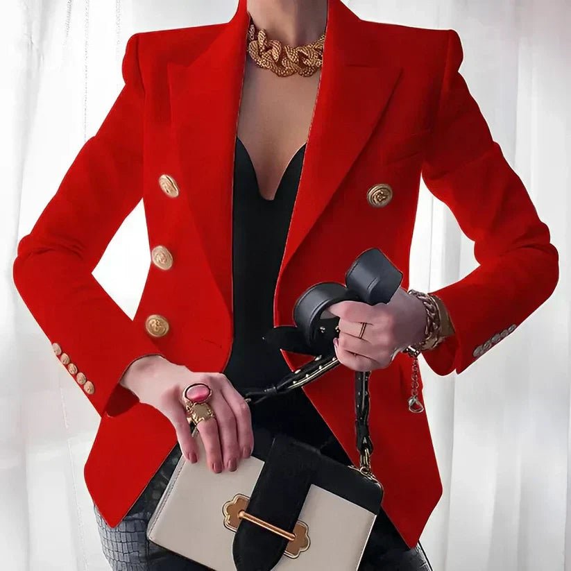 Women's Double-Breasted Blazer Peak Lapel Gold-Button Structured Fitted Tailored