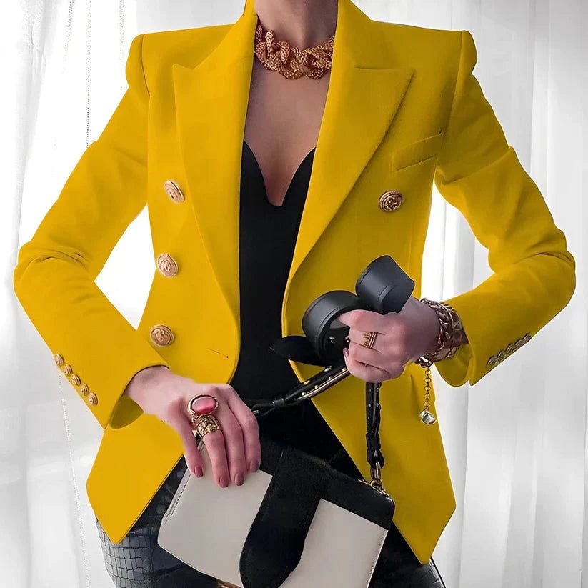 Women's Double-Breasted Blazer Peak Lapel Gold-Button Structured Fitted Tailored