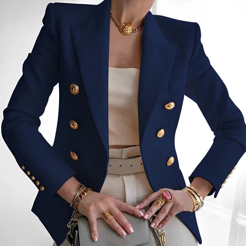 Women's Double-Breasted Blazer Peak Lapel Gold-Button Structured Fitted Tailored