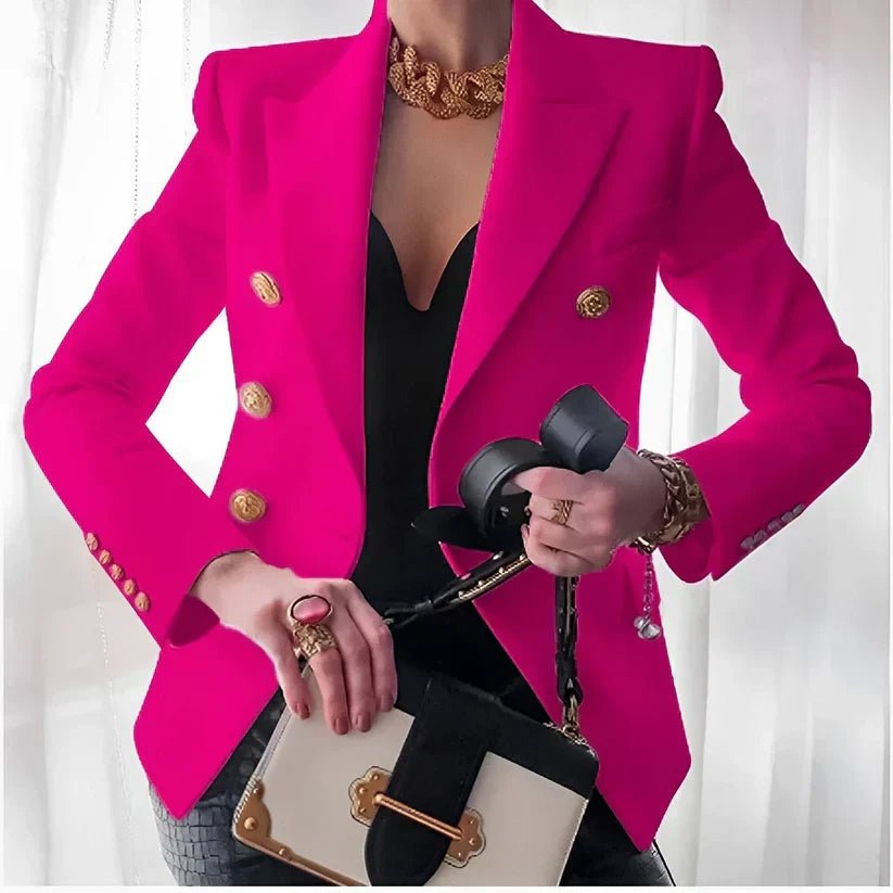 Women's Double-Breasted Blazer Peak Lapel Gold-Button Structured Fitted Tailored